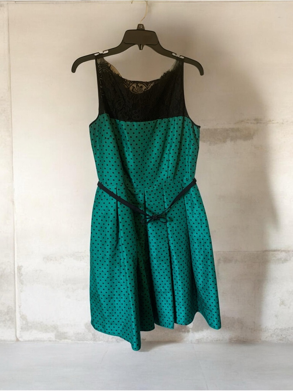 Julian Taylor Emerald Green Polka Dot Black Lace Dress Size 12
